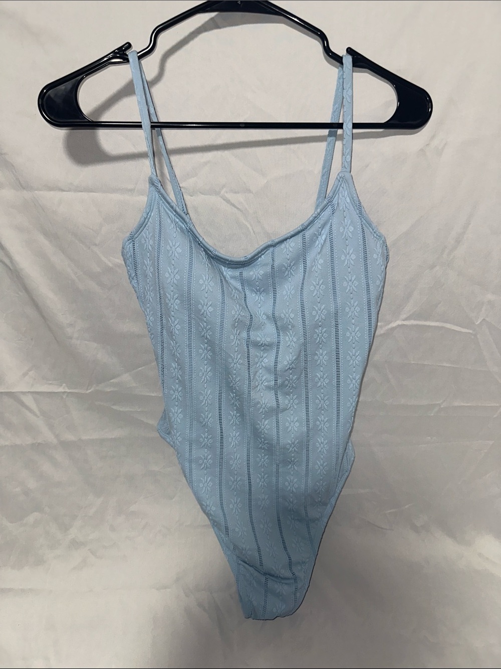 Light Blue Ribbed Knit One-Piece Swimsuit